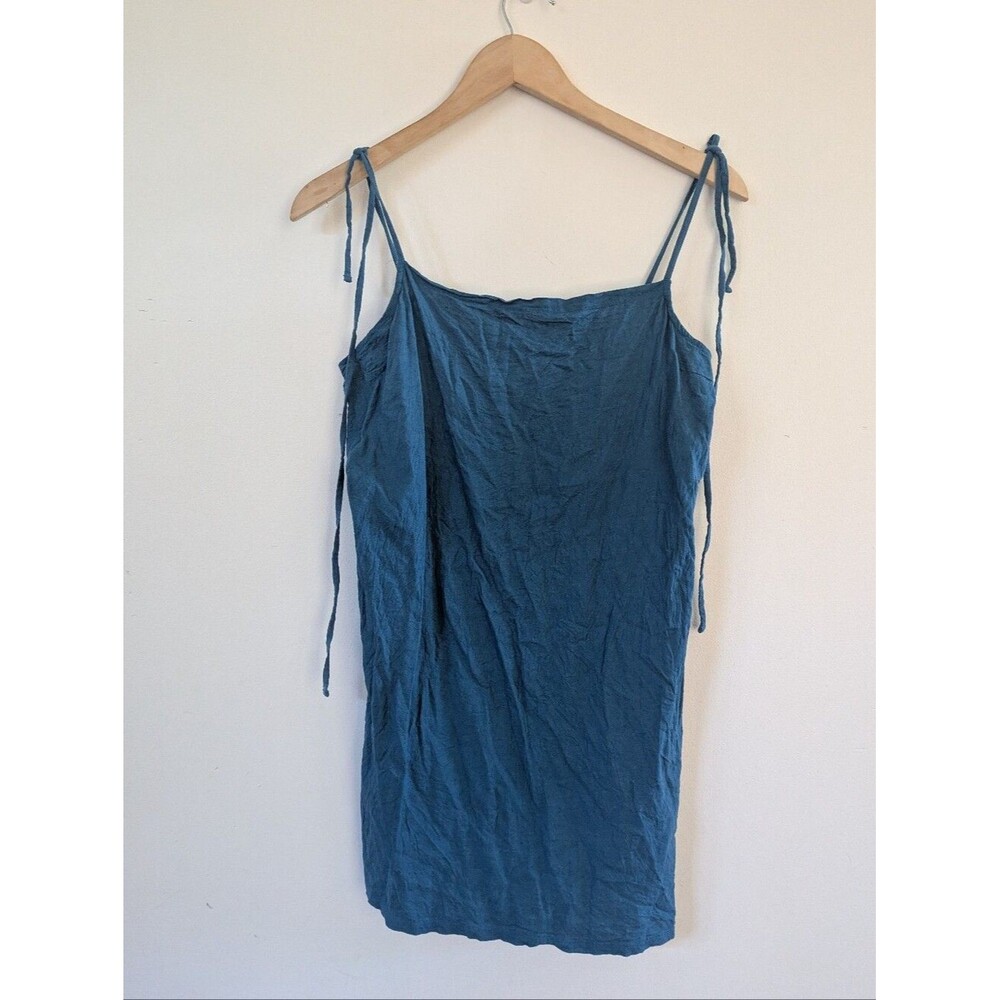 Vitamin A Linen Blend Teal Blue Green Tie-Shoulder Mini Dress Coverup L Large